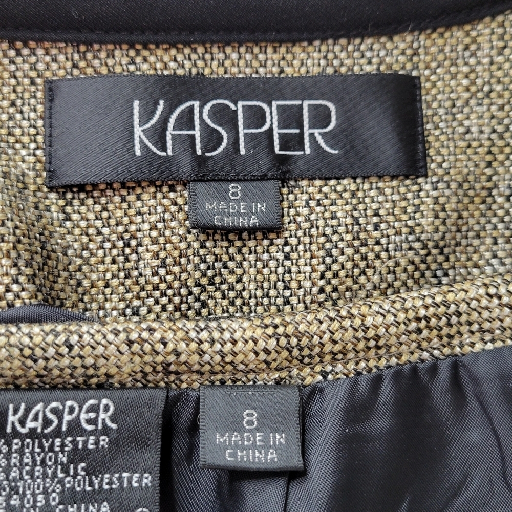 Kasper Tweed Skirt Suit 8 Black Tan Open Blazer 3/4 Sleeve Back Zip Kick Pleat - Picture 9 of 11